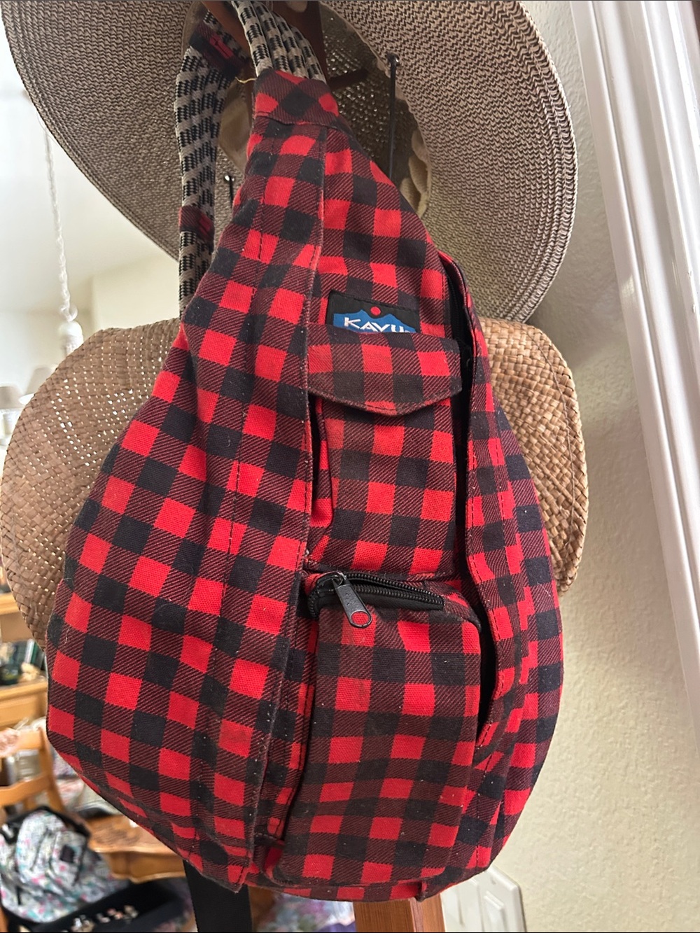 Kavu Red and Black Buffalo Plaid Sling Bag